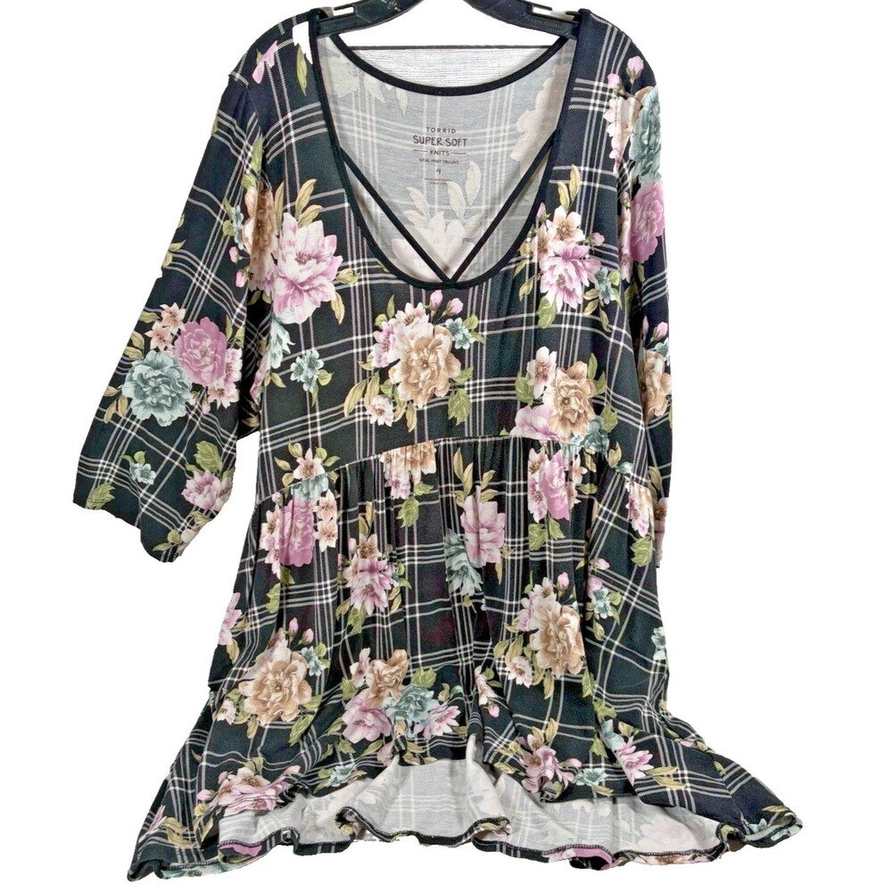 Torrid Babydoll Tee Top Womens 4X Knit Black Multi Plaid Floral Crisscross Strap